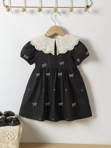 1pc Girls Lace Collar Bowknot Embroidered Short Sleeve Dress, Elegant High-End Loose Dress 1pc Girls Lace Collar Bowknot Embroidered Short Sleeve Dress, Elegant High-End Loose Dress