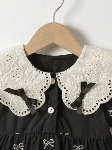 1pc Girls Lace Collar Bowknot Embroidered Short Sleeve Dress, Elegant High-End Loose Dress 1pc Girls Lace Collar Bowknot Embroidered Short Sleeve Dress, Elegant High-End Loose Dress