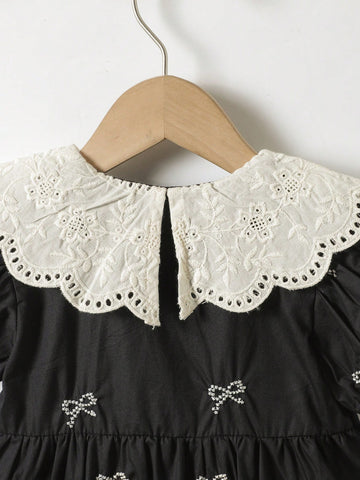 1pc Girls Lace Collar Bowknot Embroidered Short Sleeve Dress, Elegant High-End Loose Dress 1pc Girls Lace Collar Bowknot Embroidered Short Sleeve Dress, Elegant High-End Loose Dress