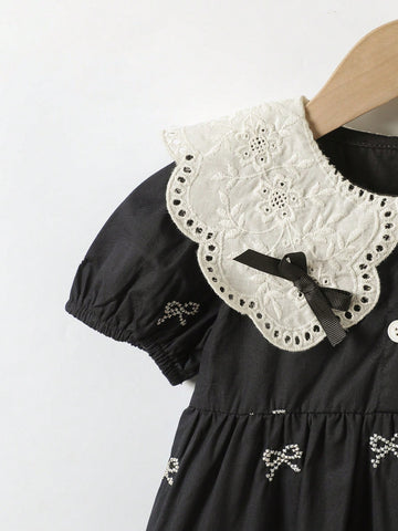 1pc Girls Lace Collar Bowknot Embroidered Short Sleeve Dress, Elegant High-End Loose Dress 1pc Girls Lace Collar Bowknot Embroidered Short Sleeve Dress, Elegant High-End Loose Dress