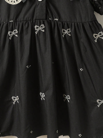 1pc Girls Lace Collar Bowknot Embroidered Short Sleeve Dress, Elegant High-End Loose Dress 1pc Girls Lace Collar Bowknot Embroidered Short Sleeve Dress, Elegant High-End Loose Dress