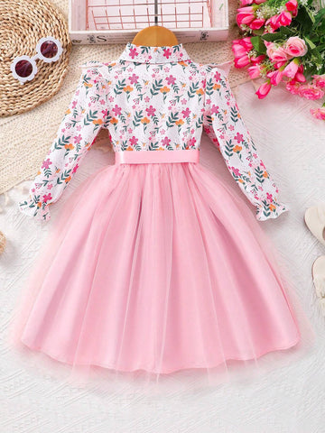 1pc Girls Long Sleeve Floral Print Collared Mesh Dress With Waist Tie 1pc Girls Long Sleeve Floral Print Collared Mesh Dress With Waist Tie