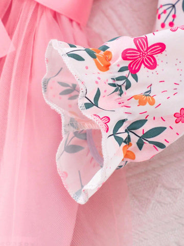 1pc Girls Long Sleeve Floral Print Collared Mesh Dress With Waist Tie 1pc Girls Long Sleeve Floral Print Collared Mesh Dress With Waist Tie