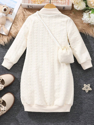 1pc Girls Long Sleeve Turtleneck Solid Color Knee-Length Sweater Dress With Purse 1pc Girls Long Sleeve Turtleneck Solid Color Knee-Length Sweater Dress With Purse