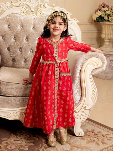 1pc Girls Modest Elegant Palace Style Red & Gold Floral Print Long Sleeve Dress With Crossbody Bag, Spring 1pc Girls Modest Elegant Palace Style Red & Gold Floral Print Long Sleeve Dress With Crossbody Bag, Spring