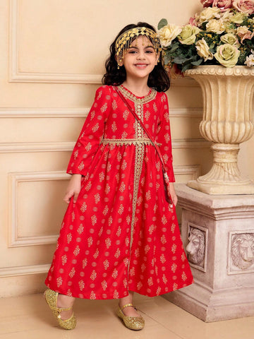 1pc Girls Modest Elegant Palace Style Red & Gold Floral Print Long Sleeve Dress With Crossbody Bag, Spring 1pc Girls Modest Elegant Palace Style Red & Gold Floral Print Long Sleeve Dress With Crossbody Bag, Spring