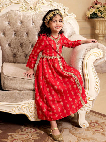 1pc Girls Modest Elegant Palace Style Red & Gold Floral Print Long Sleeve Dress With Crossbody Bag, Spring 1pc Girls Modest Elegant Palace Style Red & Gold Floral Print Long Sleeve Dress With Crossbody Bag, Spring