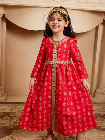 1pc Girls Modest Elegant Palace Style Red & Gold Floral Print Long Sleeve Dress With Crossbody Bag, Spring 1pc Girls Modest Elegant Palace Style Red & Gold Floral Print Long Sleeve Dress With Crossbody Bag, Spring