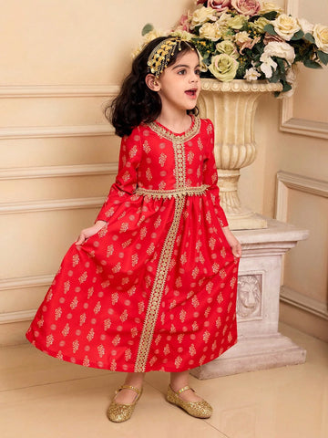 1pc Girls Modest Elegant Palace Style Red & Gold Floral Print Long Sleeve Dress With Crossbody Bag, Spring 1pc Girls Modest Elegant Palace Style Red & Gold Floral Print Long Sleeve Dress With Crossbody Bag, Spring