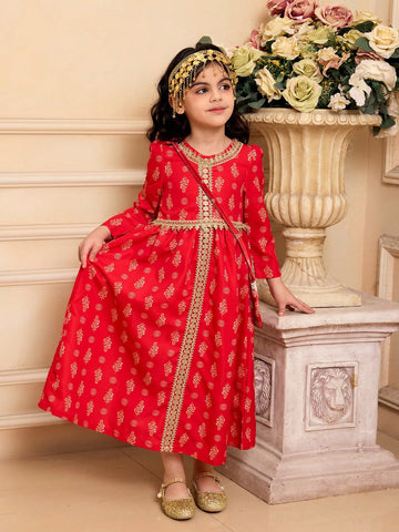 1pc Girls Modest Elegant Palace Style Red & Gold Floral Print Long Sleeve Dress With Crossbody Bag, Spring 1pc Girls Modest Elegant Palace Style Red & Gold Floral Print Long Sleeve Dress With Crossbody Bag, Spring