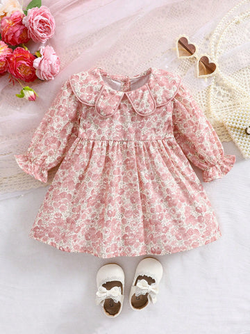 1pc Girls Petal Collar All-Over Floral Print Elegant Dress, Young Lady Style For Toddlers, Spring/Autumn Occasion Wear & Birthday Party 1pc Girls Petal Collar All-Over Floral Print Elegant Dress, Young Lady Style For Toddlers, Spring/Autumn Occasion Wear & Birthday Party