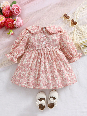 1pc Girls Petal Collar All-Over Floral Print Elegant Dress, Young Lady Style For Toddlers, Spring/Autumn Occasion Wear & Birthday Party 1pc Girls Petal Collar All-Over Floral Print Elegant Dress, Young Lady Style For Toddlers, Spring/Autumn Occasion Wear & Birthday Party