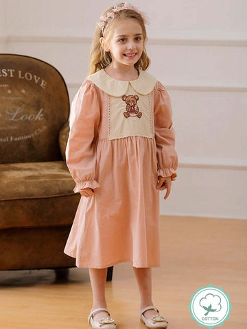 1pc Girls' Peter Pan Collar Bear Embroidered Long Sleeve Pink Collar Princess Dress, Autumn 1pc Girls' Peter Pan Collar Bear Embroidered Long Sleeve Pink Collar Princess Dress, Autumn
