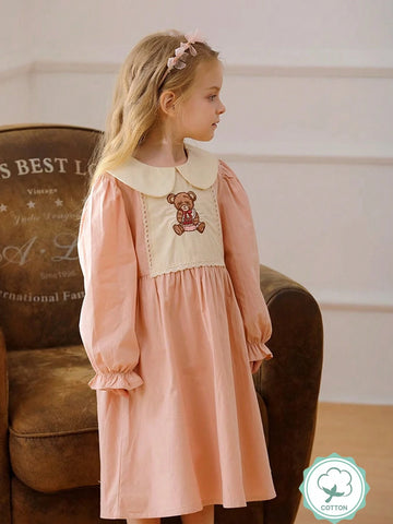 1pc Girls' Peter Pan Collar Bear Embroidered Long Sleeve Pink Collar Princess Dress, Autumn 1pc Girls' Peter Pan Collar Bear Embroidered Long Sleeve Pink Collar Princess Dress, Autumn