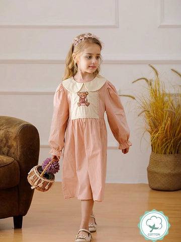 1pc Girls' Peter Pan Collar Bear Embroidered Long Sleeve Pink Collar Princess Dress, Autumn 1pc Girls' Peter Pan Collar Bear Embroidered Long Sleeve Pink Collar Princess Dress, Autumn
