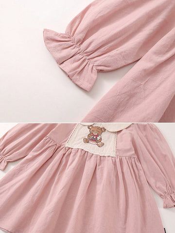 1pc Girls' Peter Pan Collar Bear Embroidered Long Sleeve Pink Collar Princess Dress, Autumn 1pc Girls' Peter Pan Collar Bear Embroidered Long Sleeve Pink Collar Princess Dress, Autumn