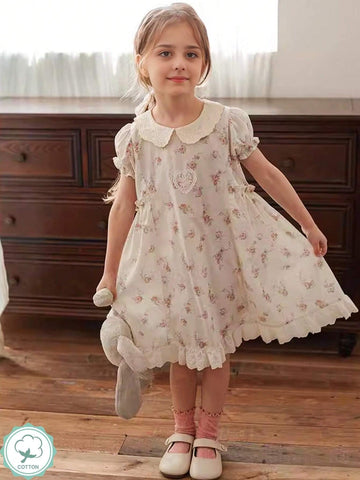 1pc Girls' Pink Floral Lace Puff Sleeve Dress, Summer 1pc Girls' Pink Floral Lace Puff Sleeve Dress, Summer