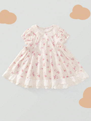 1pc Girls' Pink Floral Lace Puff Sleeve Dress, Summer 1pc Girls' Pink Floral Lace Puff Sleeve Dress, Summer