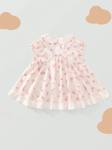 1pc Girls' Pink Floral Lace Puff Sleeve Dress, Summer 1pc Girls' Pink Floral Lace Puff Sleeve Dress, Summer
