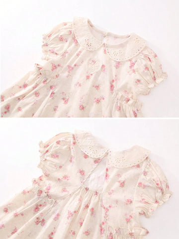 1pc Girls' Pink Floral Lace Puff Sleeve Dress, Summer 1pc Girls' Pink Floral Lace Puff Sleeve Dress, Summer