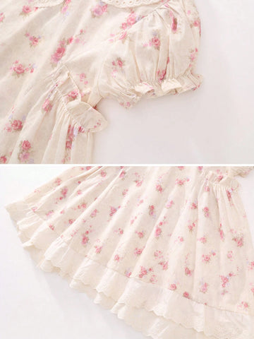 1pc Girls' Pink Floral Lace Puff Sleeve Dress, Summer 1pc Girls' Pink Floral Lace Puff Sleeve Dress, Summer