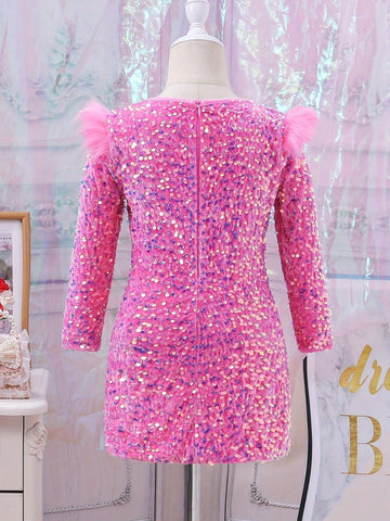 1pc Girls Plush Round Neck Ruffle Shoulder Dress, Spring/Autumn; 1pc Girls Mesh Polka Dot Sequin Zipper Back Long Sleeve Solid Color Dress 1pc Girls Plush Round Neck Ruffle Shoulder Dress, Spring/Autumn; 1pc Girls Mesh Polka Dot Sequin Zipper Back Long Sleeve Solid Color Dress