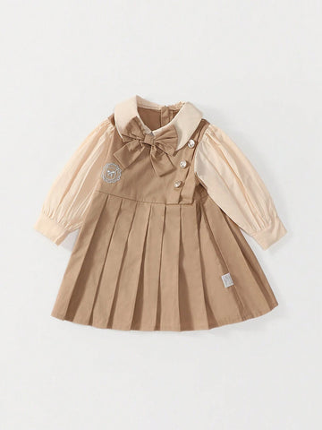 1pc Girls Preppy Style Bow Decor Faux 2-Piece Pleated Long Sleeve Dress, Spring/Fall 1pc Girls Preppy Style Bow Decor Faux 2-Piece Pleated Long Sleeve Dress, Spring/Fall