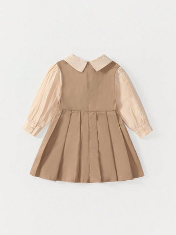1pc Girls Preppy Style Bow Decor Faux 2-Piece Pleated Long Sleeve Dress, Spring/Fall 1pc Girls Preppy Style Bow Decor Faux 2-Piece Pleated Long Sleeve Dress, Spring/Fall