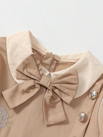 1pc Girls Preppy Style Bow Decor Faux 2-Piece Pleated Long Sleeve Dress, Spring/Fall 1pc Girls Preppy Style Bow Decor Faux 2-Piece Pleated Long Sleeve Dress, Spring/Fall