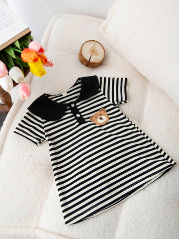1pc Girls' Preppy Style Striped Polo Dress, Black & White 1pc Girls' Preppy Style Striped Polo Dress, Black & White