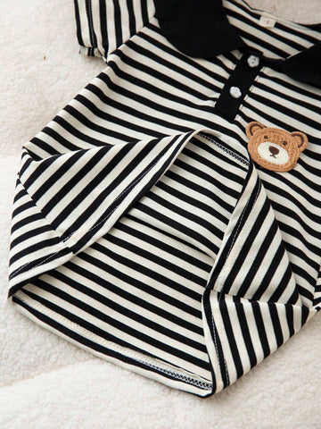 1pc Girls' Preppy Style Striped Polo Dress, Black & White 1pc Girls' Preppy Style Striped Polo Dress, Black & White