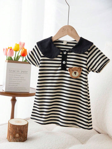 1pc Girls' Preppy Style Striped Polo Dress, Black & White 1pc Girls' Preppy Style Striped Polo Dress, Black & White
