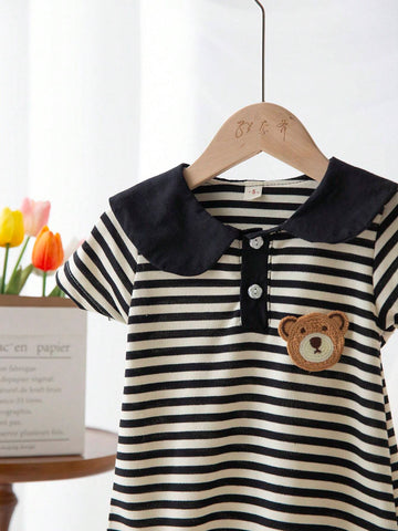 1pc Girls' Preppy Style Striped Polo Dress, Black & White 1pc Girls' Preppy Style Striped Polo Dress, Black & White
