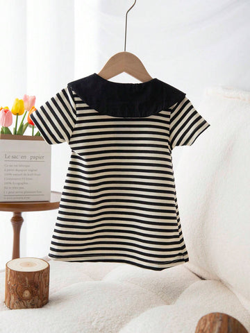 1pc Girls' Preppy Style Striped Polo Dress, Black & White 1pc Girls' Preppy Style Striped Polo Dress, Black & White