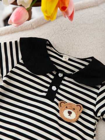 1pc Girls' Preppy Style Striped Polo Dress, Black & White 1pc Girls' Preppy Style Striped Polo Dress, Black & White