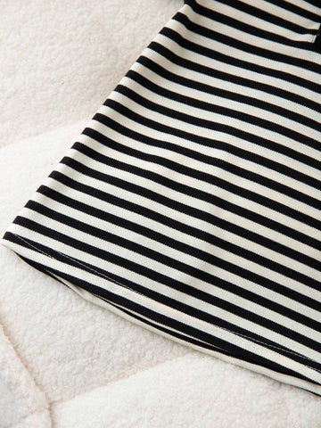 1pc Girls' Preppy Style Striped Polo Dress, Black & White 1pc Girls' Preppy Style Striped Polo Dress, Black & White