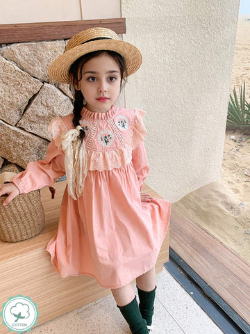 1pc Girls Retro French Floral Embroidery Ruffle Hem Long Sleeve Pink Dress, Spring 1pc Girls Retro French Floral Embroidery Ruffle Hem Long Sleeve Pink Dress, Spring