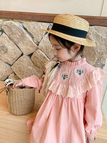 1pc Girls Retro French Floral Embroidery Ruffle Hem Long Sleeve Pink Dress, Spring 1pc Girls Retro French Floral Embroidery Ruffle Hem Long Sleeve Pink Dress, Spring
