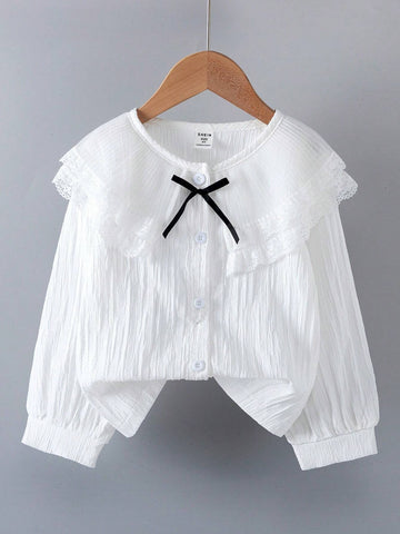 1pc Girls Ruffled Collared Button Down Lace Trim Lantern Sleeve Princess Blouse, Spring & Autumn 1pc Girls Ruffled Collared Button Down Lace Trim Lantern Sleeve Princess Blouse, Spring & Autumn