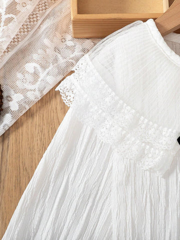 1pc Girls Ruffled Collared Button Down Lace Trim Lantern Sleeve Princess Blouse, Spring & Autumn 1pc Girls Ruffled Collared Button Down Lace Trim Lantern Sleeve Princess Blouse, Spring & Autumn