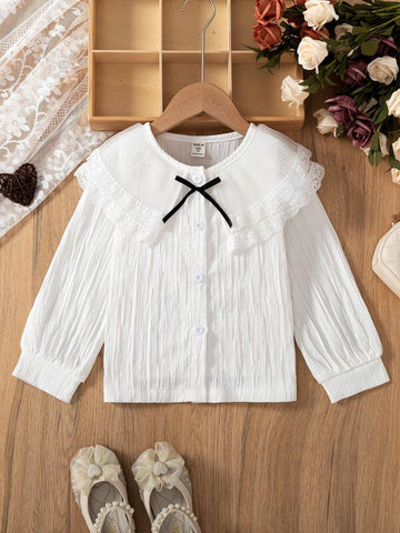 1pc Girls Ruffled Collared Button Down Lace Trim Lantern Sleeve Princess Blouse, Spring & Autumn 1pc Girls Ruffled Collared Button Down Lace Trim Lantern Sleeve Princess Blouse, Spring & Autumn