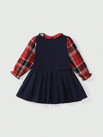 1pc Girls' School Style Dual-Breasted Plaid Patchwork Faux 2-Piece Long Sleeve A-Line Dress, Spring/Fall 1pc Girls' School Style Dual-Breasted Plaid Patchwork Faux 2-Piece Long Sleeve A-Line Dress, Spring/Fall