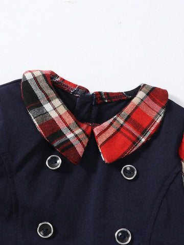 1pc Girls' School Style Dual-Breasted Plaid Patchwork Faux 2-Piece Long Sleeve A-Line Dress, Spring/Fall 1pc Girls' School Style Dual-Breasted Plaid Patchwork Faux 2-Piece Long Sleeve A-Line Dress, Spring/Fall