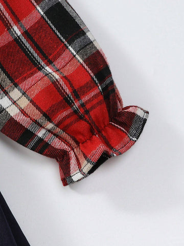 1pc Girls' School Style Dual-Breasted Plaid Patchwork Faux 2-Piece Long Sleeve A-Line Dress, Spring/Fall 1pc Girls' School Style Dual-Breasted Plaid Patchwork Faux 2-Piece Long Sleeve A-Line Dress, Spring/Fall