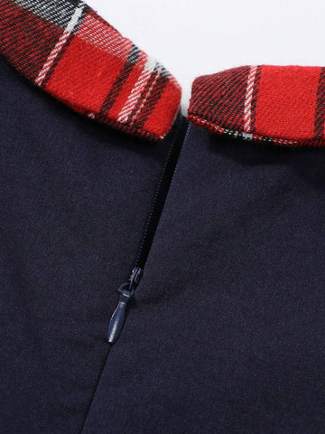 1pc Girls' School Style Dual-Breasted Plaid Patchwork Faux 2-Piece Long Sleeve A-Line Dress, Spring/Fall 1pc Girls' School Style Dual-Breasted Plaid Patchwork Faux 2-Piece Long Sleeve A-Line Dress, Spring/Fall