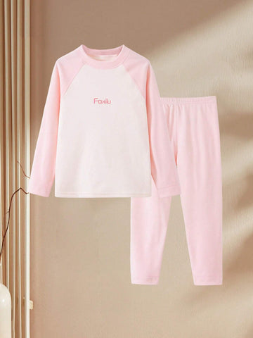 1pc Girls Seamless Warm Underwear Set, Double Layer Long Sleeve Tights, Letter & Solid Color Base Layer For Autumn/Winter 1pc Girls Seamless Warm Underwear Set, Double Layer Long Sleeve Tights, Letter & Solid Color Base Layer For Autumn/Winter
