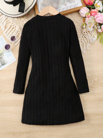 1pc Girls' Solid Color Bodycon Dress, Suitable For 4-7 Years Old, Autumn/Winter 1pc Girls' Solid Color Bodycon Dress, Suitable For 4-7 Years Old, Autumn/Winter