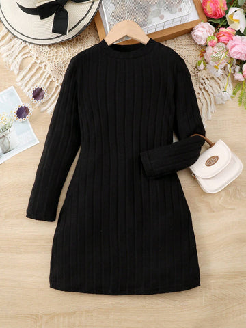 1pc Girls' Solid Color Bodycon Dress, Suitable For 4-7 Years Old, Autumn/Winter 1pc Girls' Solid Color Bodycon Dress, Suitable For 4-7 Years Old, Autumn/Winter