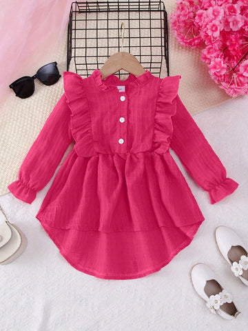 1pc Girls Solid Color Ruffle Hem Front Short Back Long Soft Woven Fabric Fashion Dress, Fall/Winter 1pc Girls Solid Color Ruffle Hem Front Short Back Long Soft Woven Fabric Fashion Dress, Fall/Winter