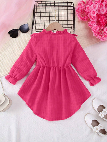 1pc Girls Solid Color Ruffle Hem Front Short Back Long Soft Woven Fabric Fashion Dress, Fall/Winter 1pc Girls Solid Color Ruffle Hem Front Short Back Long Soft Woven Fabric Fashion Dress, Fall/Winter